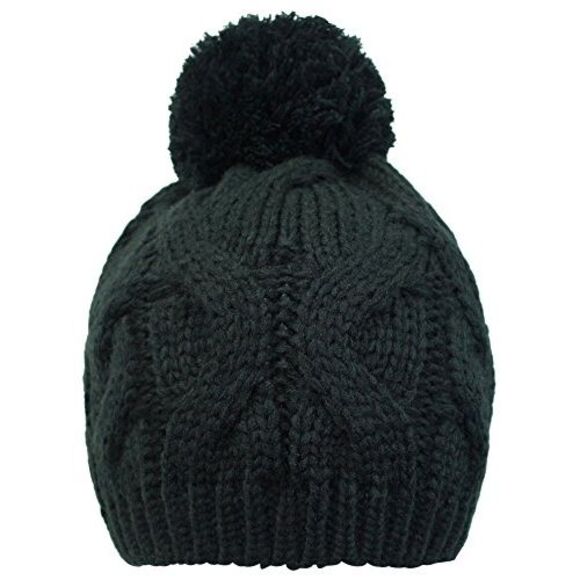 Black Cable Knit Beanie Cap With Pom Pom - Picture 4 of 6